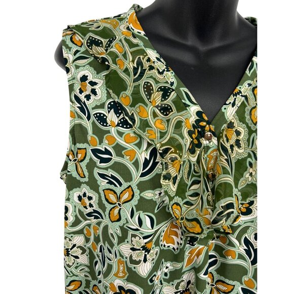 NY Collection Women Sleeveless Green Blouse V-Neck Large L Floral Ruffle NWT New - Picture 4 of 11